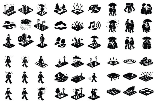 Rain and walking concept icons with umbrellas, puddles and people for mobile app design in minimal outline style