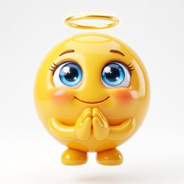 Cute 3D Yellow Angel Emoji Character with Golden Halo and Praying Hands Expressing Gratitude and Peace Isolated on White