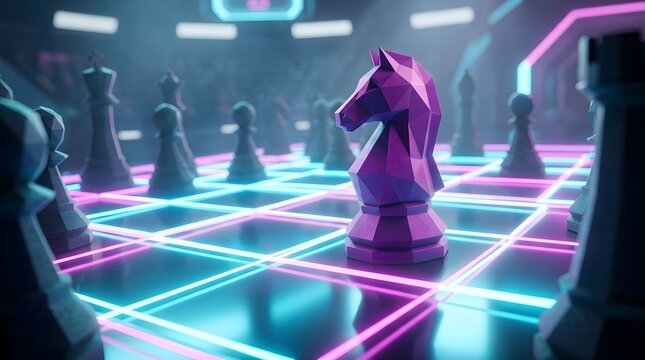 Neon illuminated cyberpunk chess board featuring a central purple knight piece.