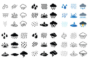 Fototapeta premium Weather and rain concept icons with droplet, cloud, splash for web design in outline vector art