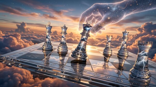 A translucent cosmic hand moving a glass chess piece across a floating board in the sky.