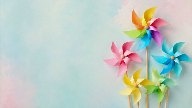 Colorful paper pinwheels on wooden sticks against pastel watercolor background with copy space
