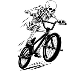 Fototapeta premium Black White vector illustration of a skull skeleton riding a bicycle isolated on a white background. 