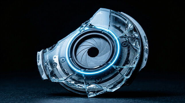 Broken futuristic camera lens with blue neon light | Shattered cyberpunk optical sensor | Cinematic high tech aperture with cracked glass | Damaged sci-fi hardware concept