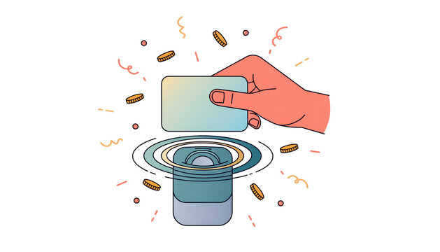 Contactless payment vector illustration of hand holding credit card near wireless pos terminal with coins