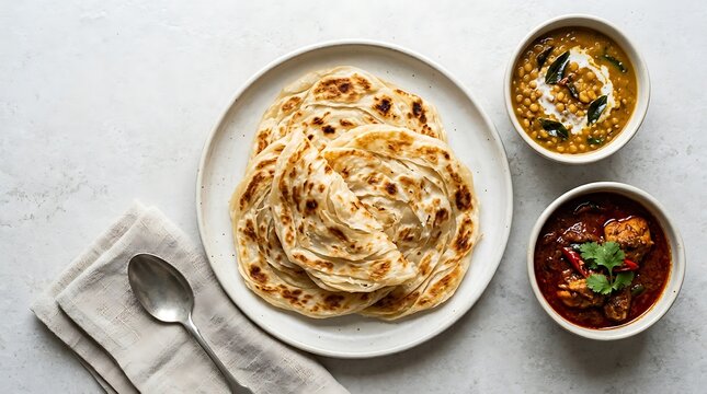 Fresh layered parotta bread served with spicy meat curry and yellow lentil dal bowl on a dining table. Malaysian Cuisine