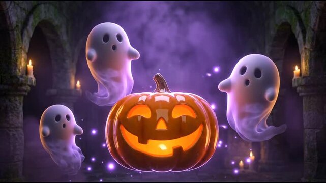 Whimsical Halloween scene featuring a glowing jack-o'-lantern pumpkin and friendly floating ghosts in a misty stone dungeon with flickering candles