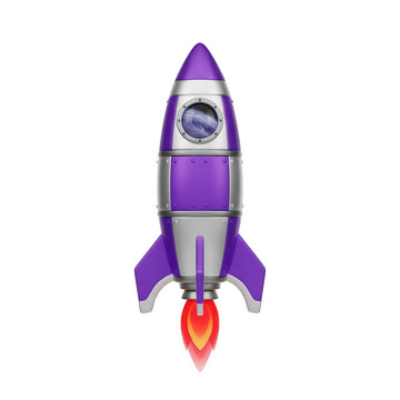 Purple rocket ship toy with silver accents and fire flame on transparent background.
