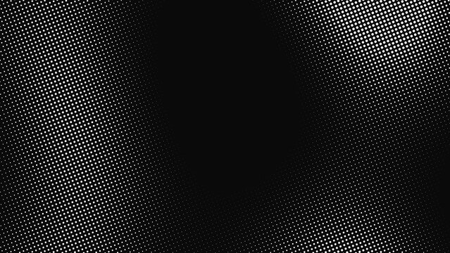 Black and white halftone dot pattern with a diagonal gradient effect, featuring small circular shapes on a dark background, for texture