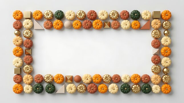 Rectangular frame made of various colorful mini pumpkins and gourds on a white background with copy space