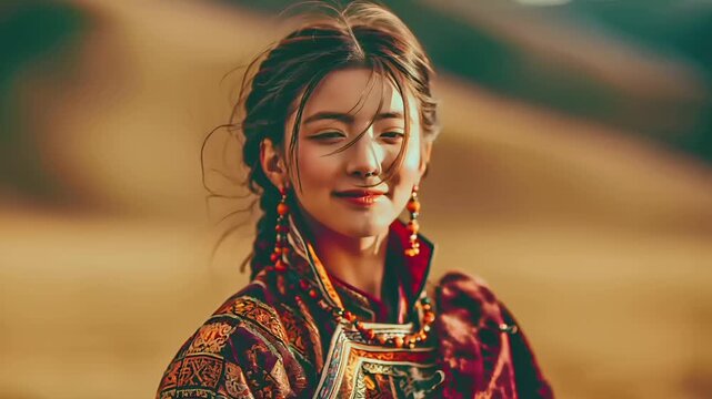 A portrait of a woman captured in a side profile. She wears a vibrant, intricately patterned garment with red, orange, and gold hues. Her hair is styled in a braid, and she wears large, dangling.
