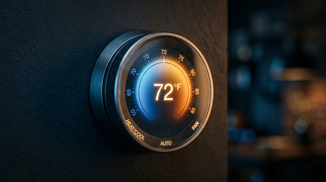 Modern smart home thermostat interface | Digital temperature control panel on wall | Energy efficient HVAC home automation system | Sleek round smart thermostat displaying 72 degrees