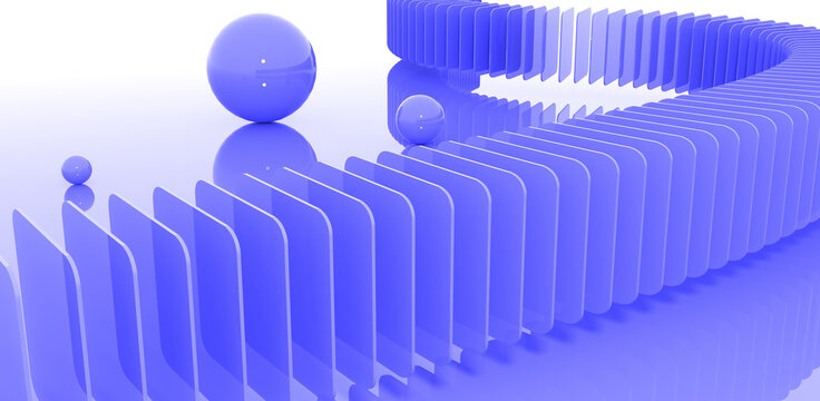 Curved path of translucent blue glass squares with glossy spheres