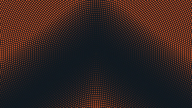Radial halftone pattern with orange dots on a dark background, centered dot gradient abstract circular texture for digital