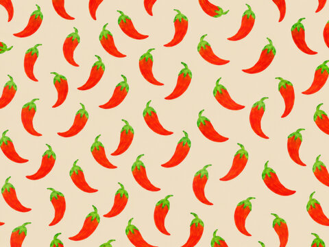 Hand Drawn Red Chili Pepper Pattern on Warm Beige Background