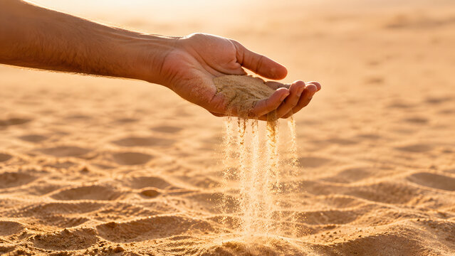 A human hand holds and pours fine dry sand or soil particles over a sunny desert beach ground surface background.