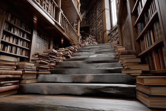 Surreal library staircase surrounded by stacks of old books and tall bookshelves