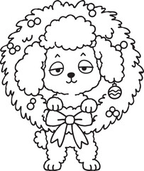 Fototapeta premium Cute Christmas Dog in Festive Wreath Hand Drawn Illustration