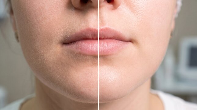 Before and after facial peach fuzz to smooth hairless dermaplaned skin