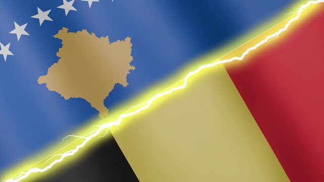 Two waving flags Kosovo and Belgium with diagonal lightning seamless, 4k loop