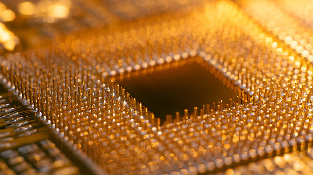 Close-up view of a high performance central processing unit microchip pin grid array glowing with warm golden light for technology themes