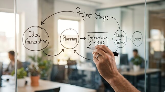 Business professional drawing a project lifecycle flowchart on a glass board in an office.