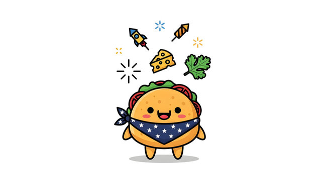 Cute happy taco character wearing a bandana with floating ingredients in pixel art style