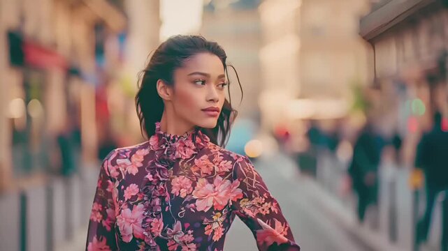 Paris, France, Europe. A portrait of a young woman captured in a candid moment on a city street. She wears a floralpatterned blouse with pink, purple, and white flowers.