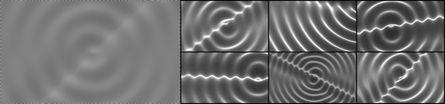 Abstract wavy background. Ripple effect. Grid surface. Wrinkled surface texture. Sound visualization. Black and white. 3D illustration for brochure, poster, cover, card, presentation, flyer or banner.