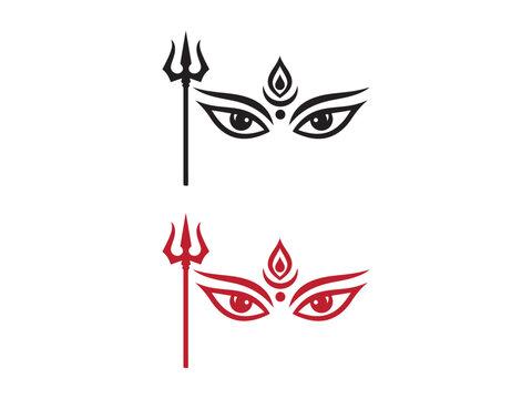 Minimalist vector illustration of lord shiva eyes with a trident symbol in black and red colors