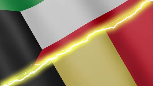 Two waving flags Kuwait and Belgium with diagonal lightning seamless, 4k loop
