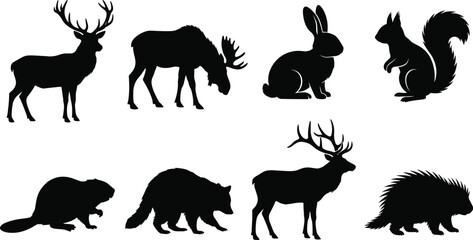 Obraz premium Set of black silhouettes of wild forest animals including deer moose rabbit squirrel beaver raccoon and porcupine