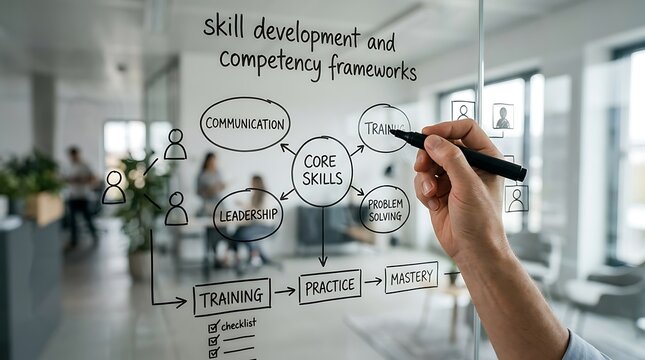 Business professional drawing a core skills and competency framework diagram on a glass wall in a modern office.