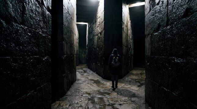 Back view of a lone person walking through a dark stone tunnel corridor with natural light beams stone walls dark passage light beam lone walker adventure travel
