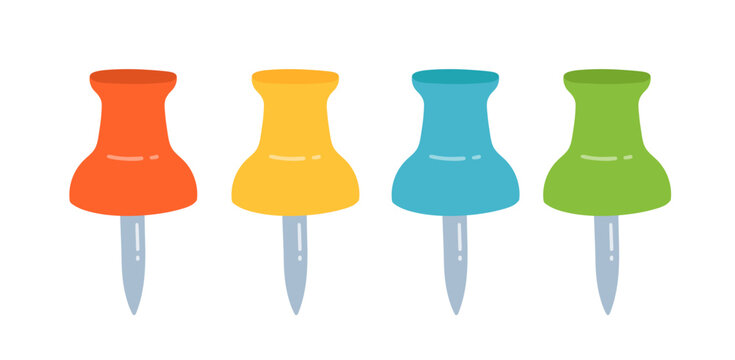 Vector illustration of colorful push pins. Flat isolated thumbtack set for office, school, bulletin board and stationery design.