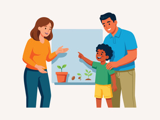 Fototapeta premium Family teaching child about plant growth stages