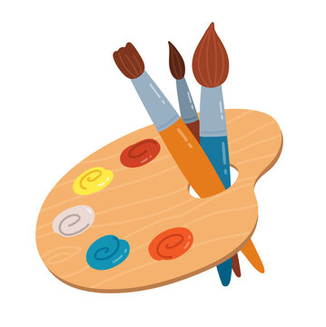 Vector illustration of an artist palette with paint and brushes. Flat isolated art supplies for painting, school and creativity.