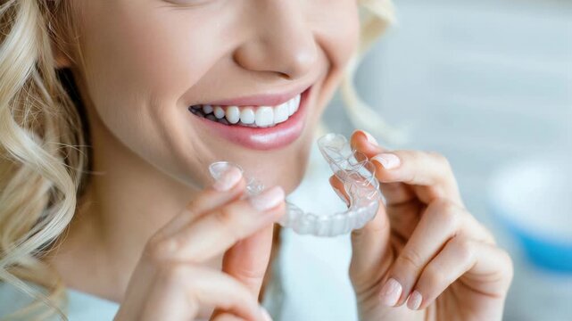 Smiling woman holding a clear dental aligner near her teeth, invisible orthodontic treatment, removable braces for smile correction