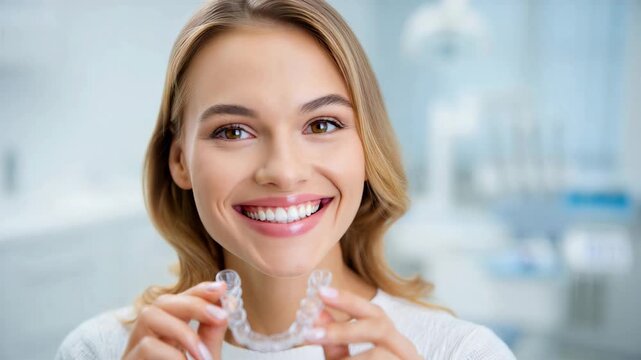Clear aligner dental treatment with smiling young woman holding transparent orthodontic tray, invisible braces, straight teeth, modern dentistry, oral care, confident smile cosmetic dental wellness
