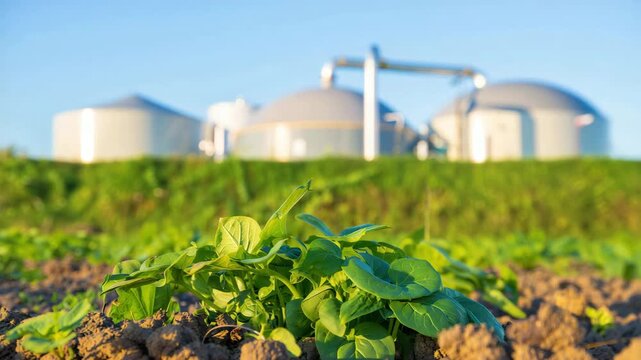 Green crops growing beside biogas plant showcasing sustainable agriculture, renewable energy and circular farming, agricultural biomass energy facility