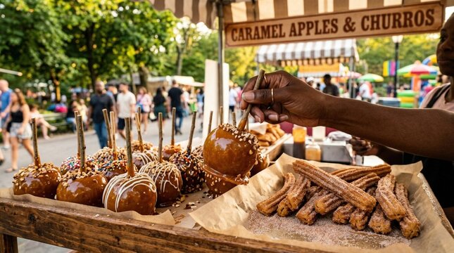 Hand holding caramel apple with sprinkles above a wooden cart filled with caramel apples and churros at an outdoor fair with people in the background