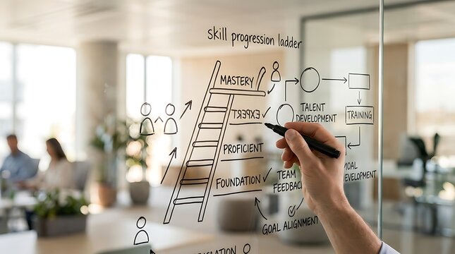 Business professional drawing a skill progression ladder on a glass whiteboard in a modern office.