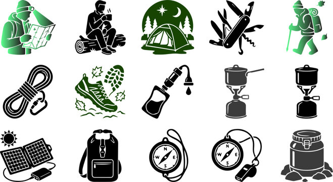 Outdoor adventure camping equipment set with hiker map reader Swiss army knife climbing rope pocket stove solar charger compass vector illustration