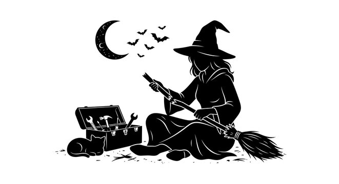 Silhouette of a witch with toolbox and broom against a white background