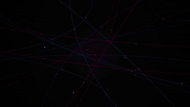 Abstract tech background with intersecting blue and red lines featuring glowing dots on a dark looping background.