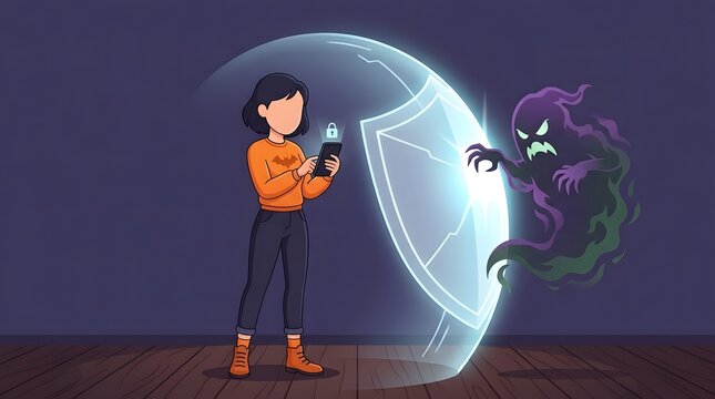 Girl using smartphone protected by glowing shield from purple ghost monster cyber threat