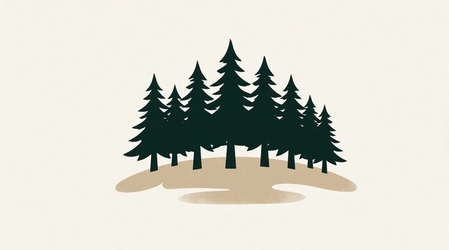Minimalist forest landscape with dark evergreen pine tree silhouettes. Simple illustration shows group of spruce trees on small beige hill. Calm nature background for eco brand logo, outdoor