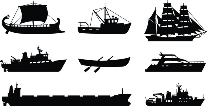 Set of diverse ship and boat silhouettes including cargo vessel yacht sailboat fishing trawler rowboat and ancient galley.