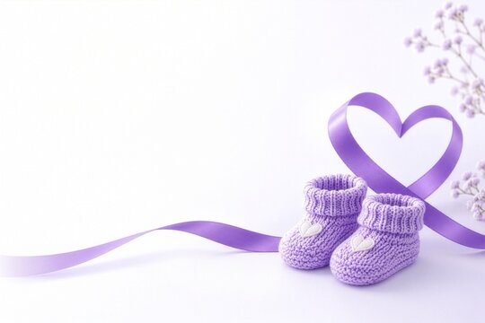 Purple Baby Booties and Awareness Ribbon for World Prematurity Day