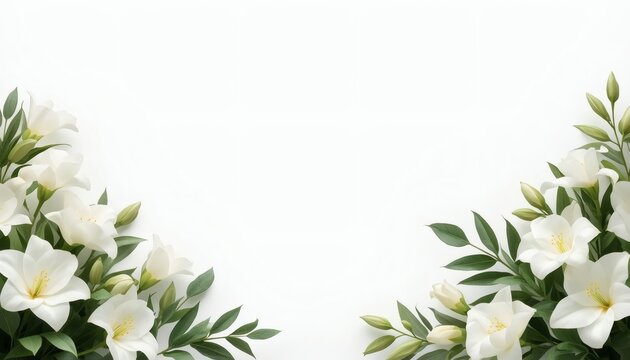 Top View Floral Border with White Flowers, Green Leaves, and Dew